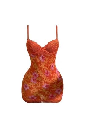 Floral Lace Slip Dress in Orange